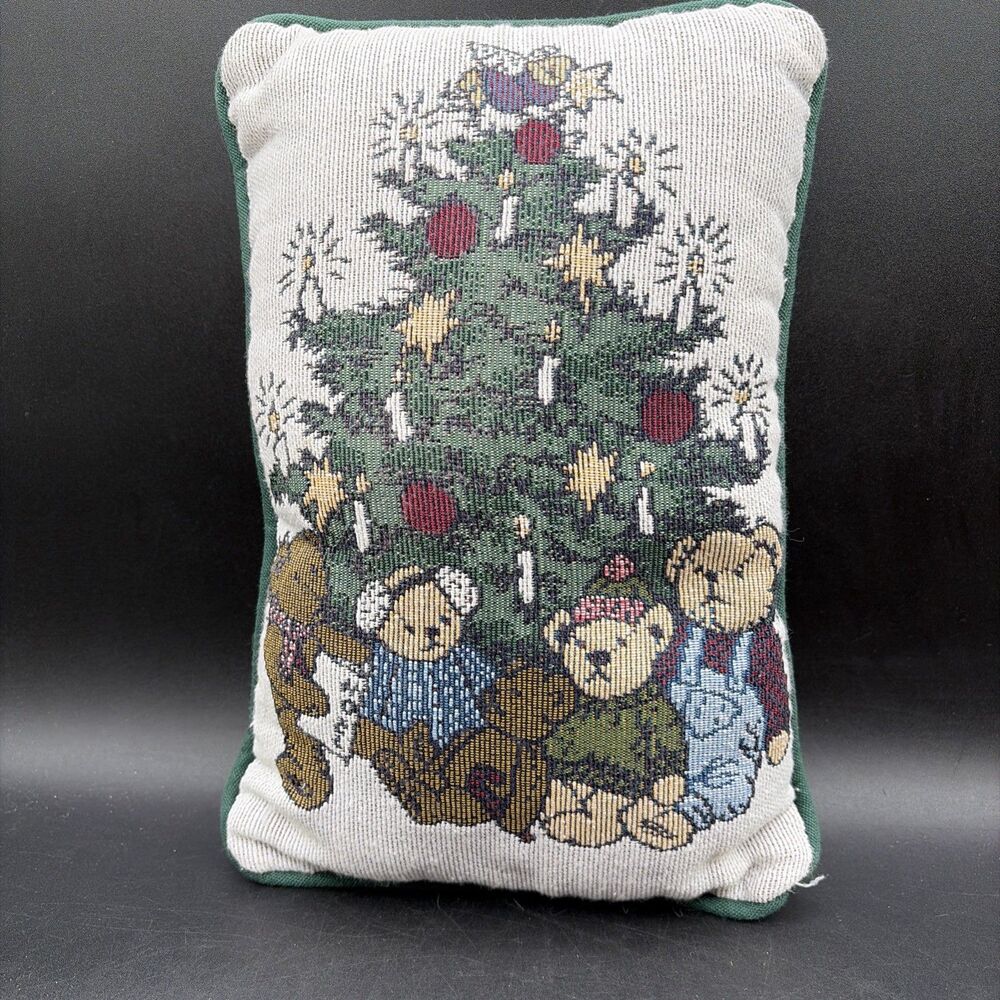 Small Tapestry Throw Pillow - Teddy Bears Under Christmas Tree 12” X 8”